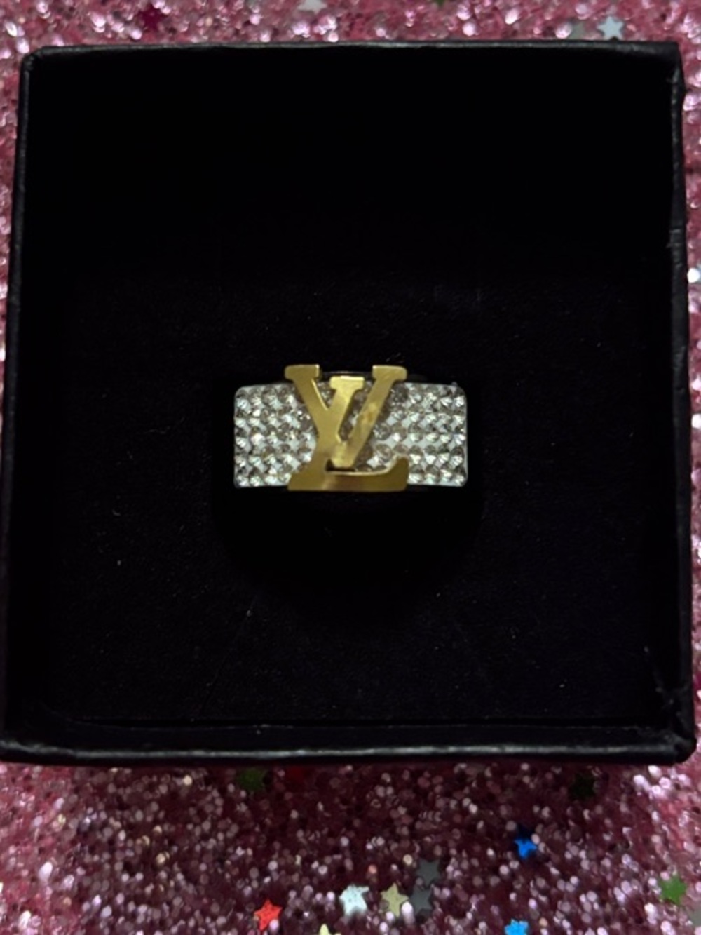 Gold & Black LV Logo Diamond Ring